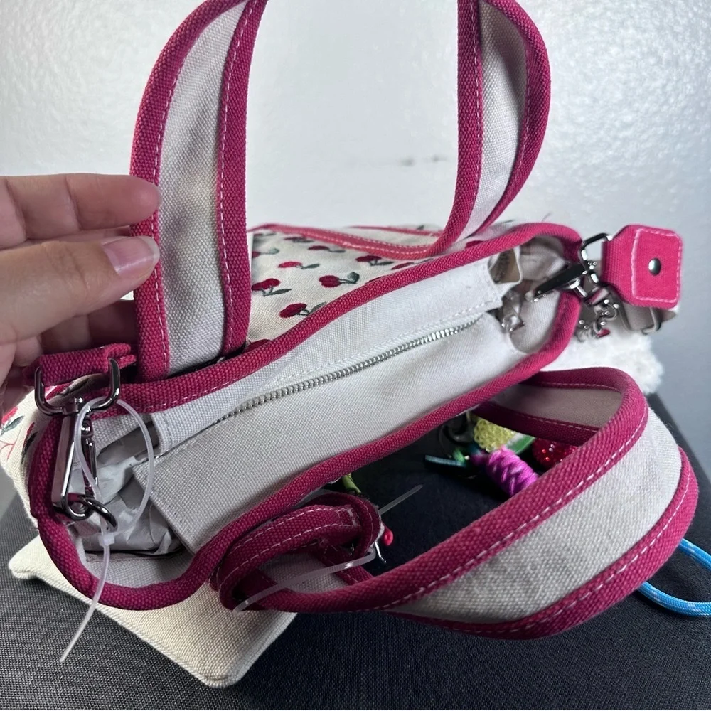 Madden Girl Mini Viral Tote Cherry Cherries Pink Teddy Bear Jeweled Keychains - Picture 3 of 5